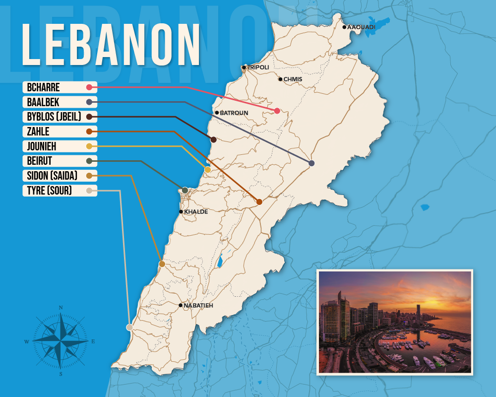 Vector map showing where to stay in Lebanon featuring the best areas in graphical format