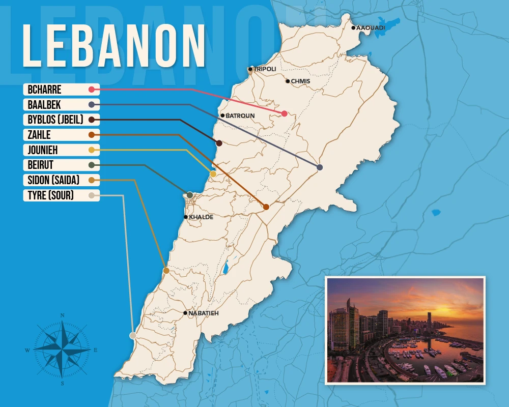 Vector map showing where to stay in Lebanon featuring the best areas in graphical format