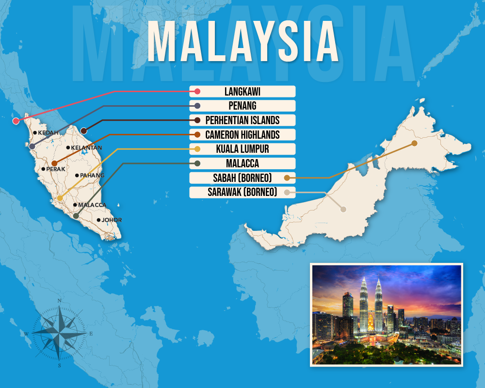 Vector map showing where to stay in Malaysia featuring the best areas in graphical format