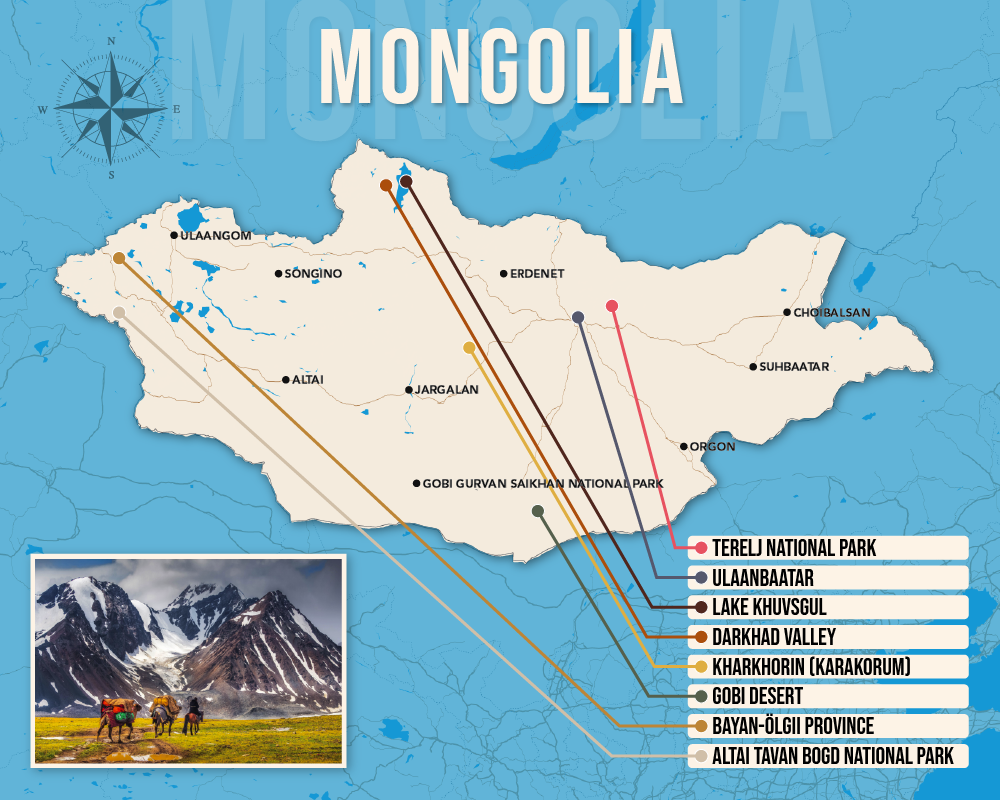 Vector map showing where to stay in Mongolia featuring the best areas in graphical format