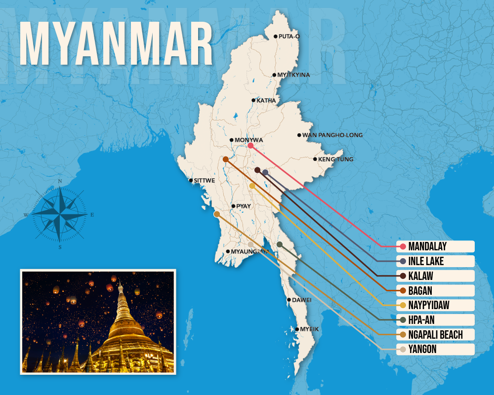 Vector map showing where to stay in Myanmar featuring the best areas in graphical format