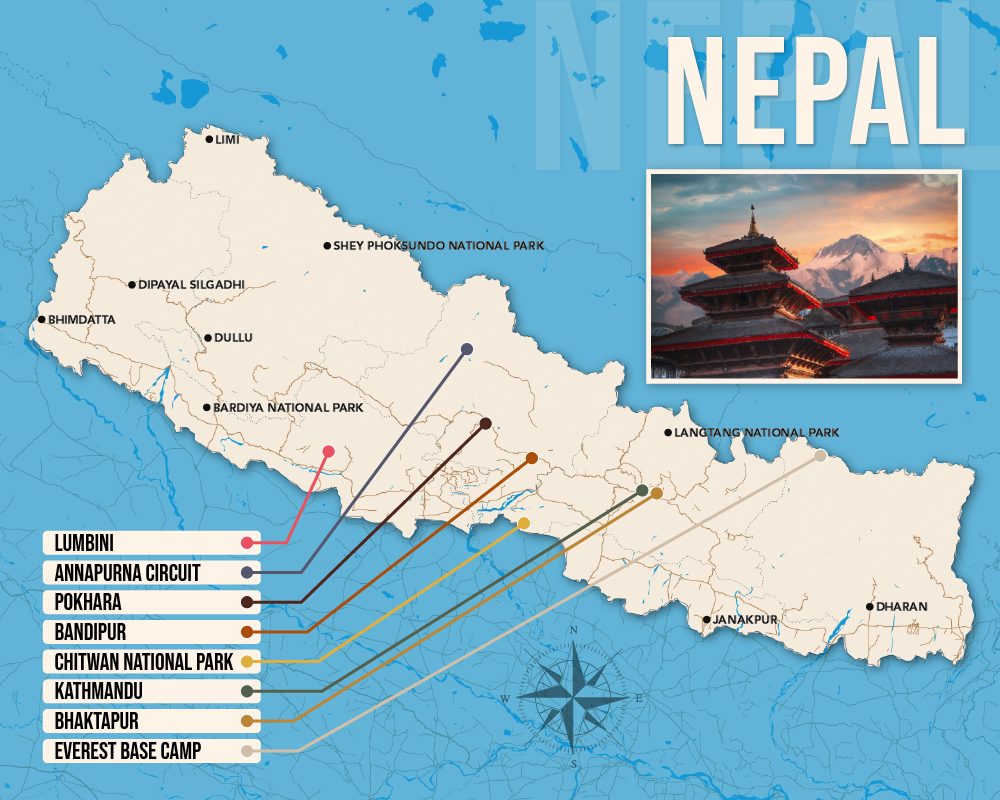 Vector map showing where to stay in Nepal featuring the best areas in graphical format