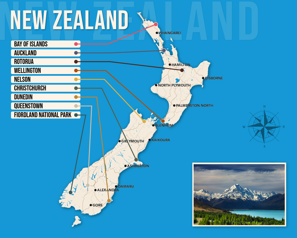Vector map showing where to stay in New Zealand featuring the best areas in graphical format