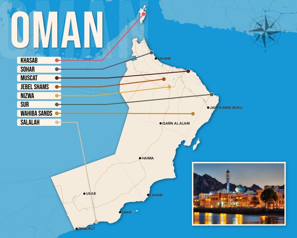 Vector map showing where to stay in Oman featuring the best areas in graphical format