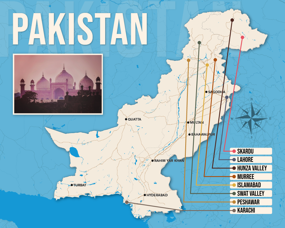 Vector map showing where to stay in Pakistan featuring the best areas in graphical format