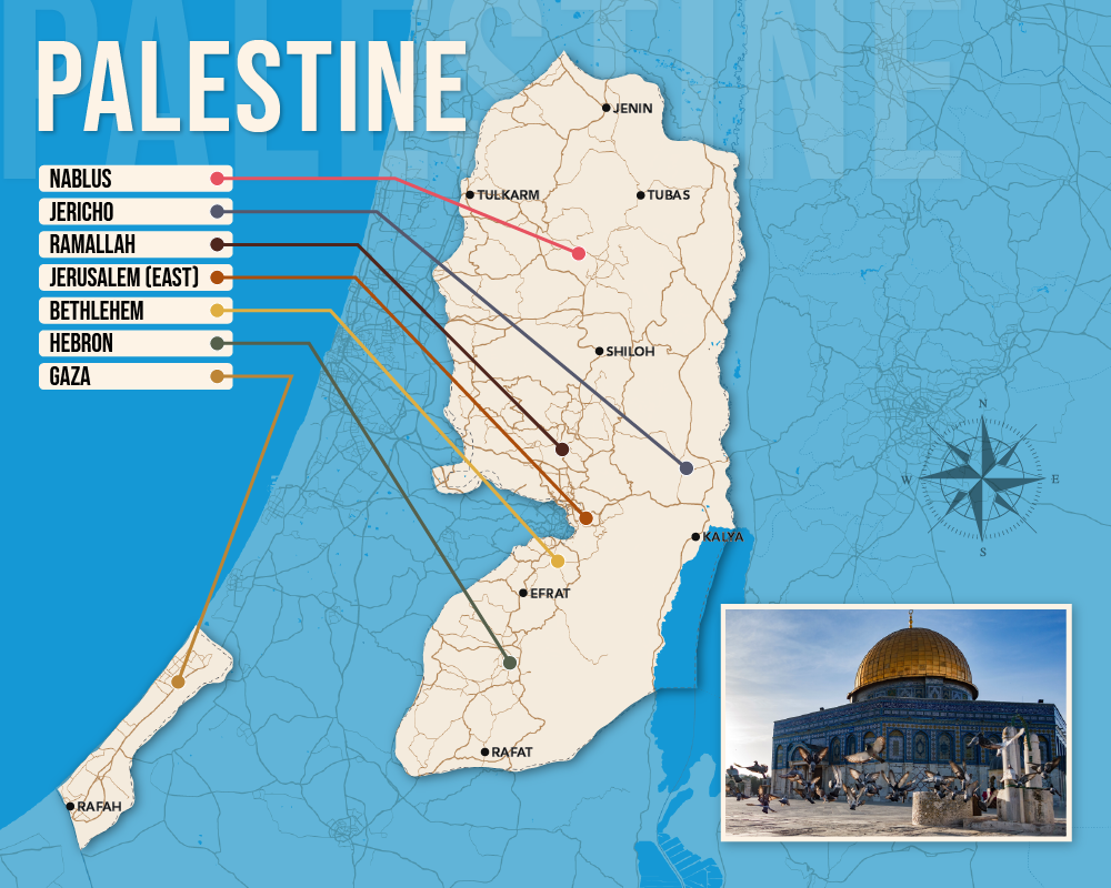 Vector map showing where to stay in Palestine featuring the best areas in graphical format