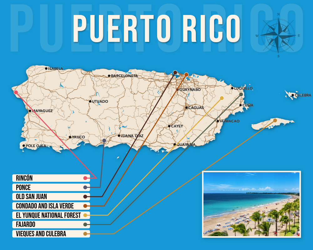 Vector map showing where to stay in Puerto Rico featuring the best areas in graphical format