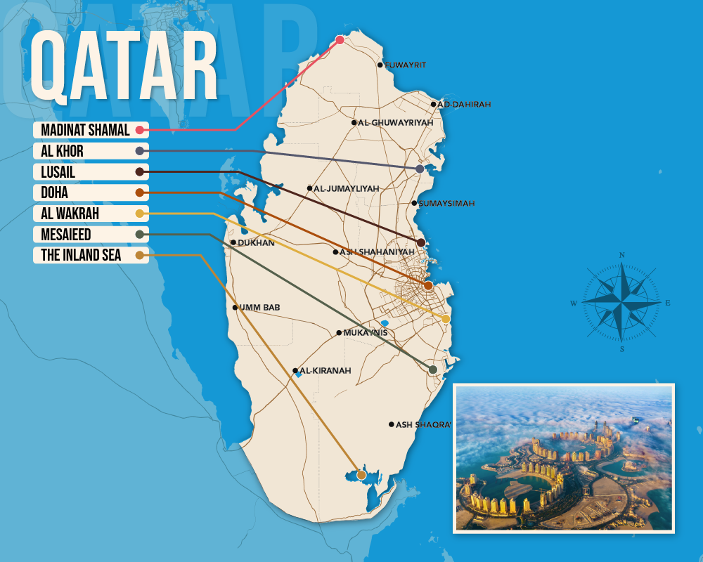 Vector map showing where to stay in Qatar featuring the best areas in graphical format
