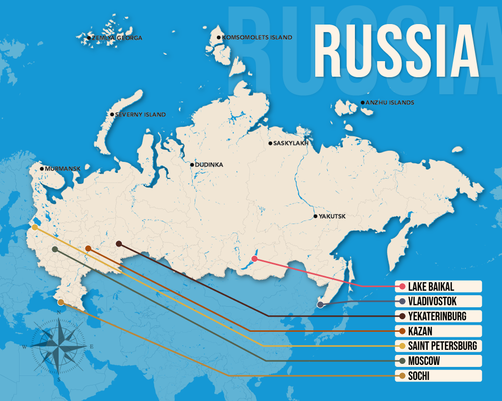 Vector map showing where to stay in Russia featuring the best areas in graphical format