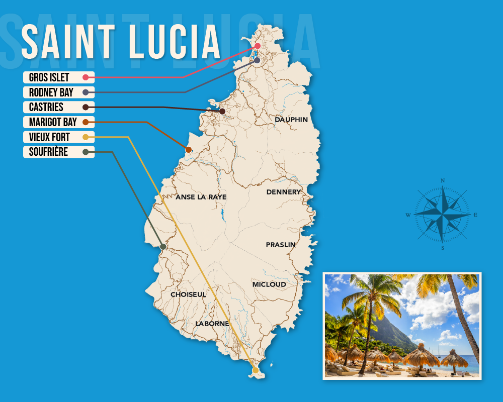 Vector map showing where to stay in Saint Lucia featuring the best areas in graphical format