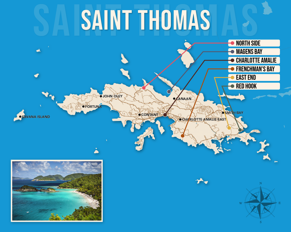 Vector map showing where to stay in Saint Thomas featuring the best areas in graphical format