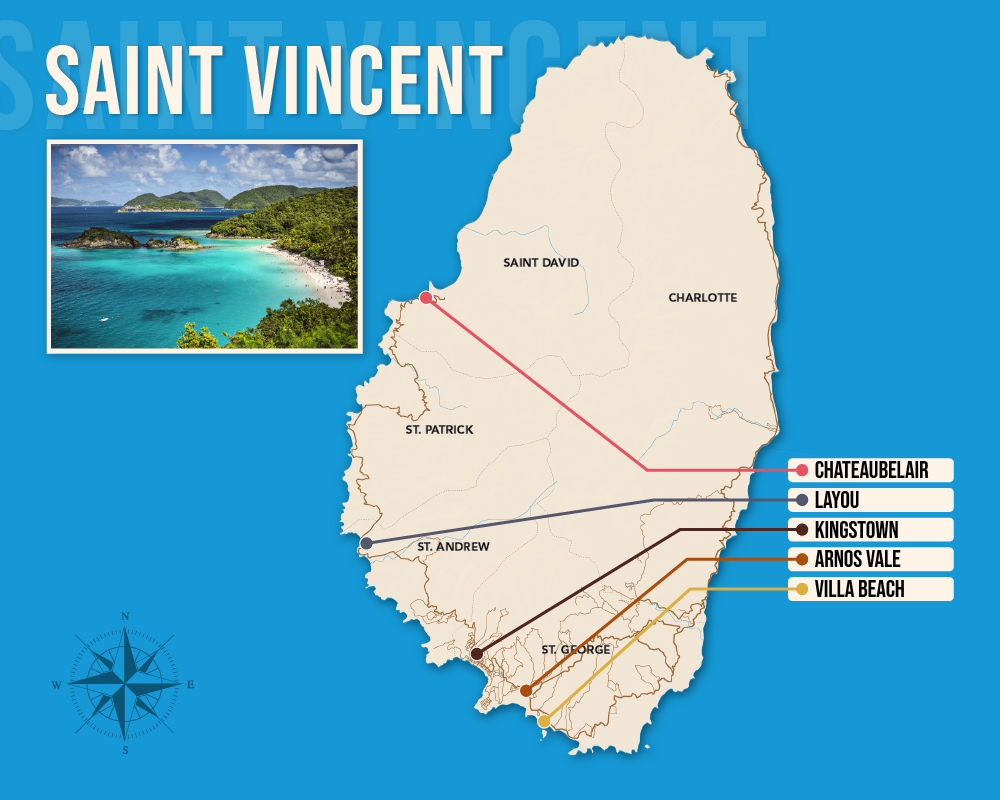 Vector map showing where to stay in Saint Vincent featuring the best areas in graphical format