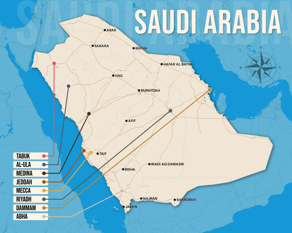 Vector map showing where to stay in Saudi Arabia featuring the best areas in graphical format