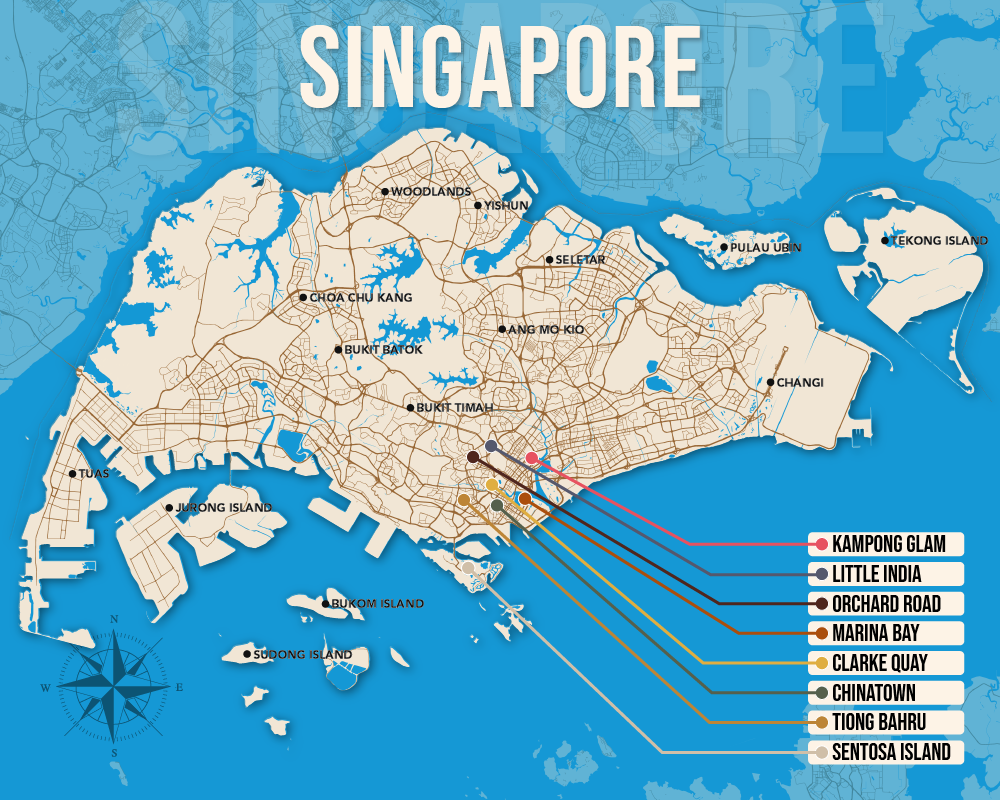 Vector map showing where to stay in Singapore featuring the best areas in graphical format