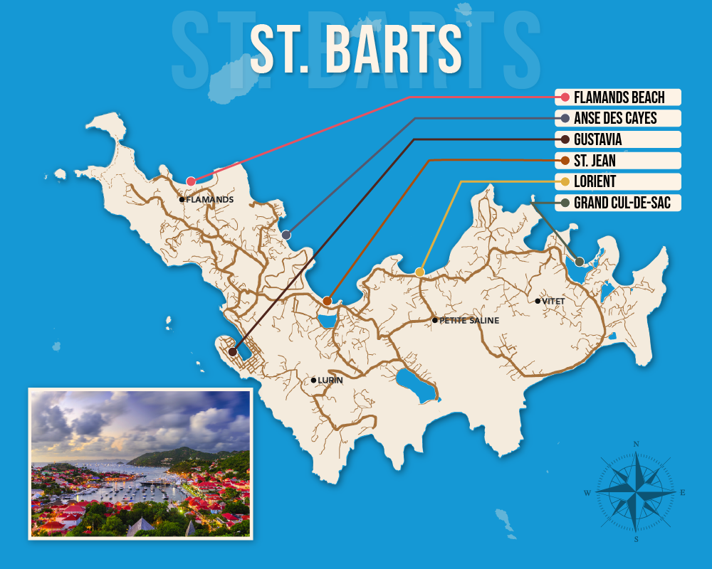 Vector map showing where to stay in St. Barts featuring the best areas in graphical format