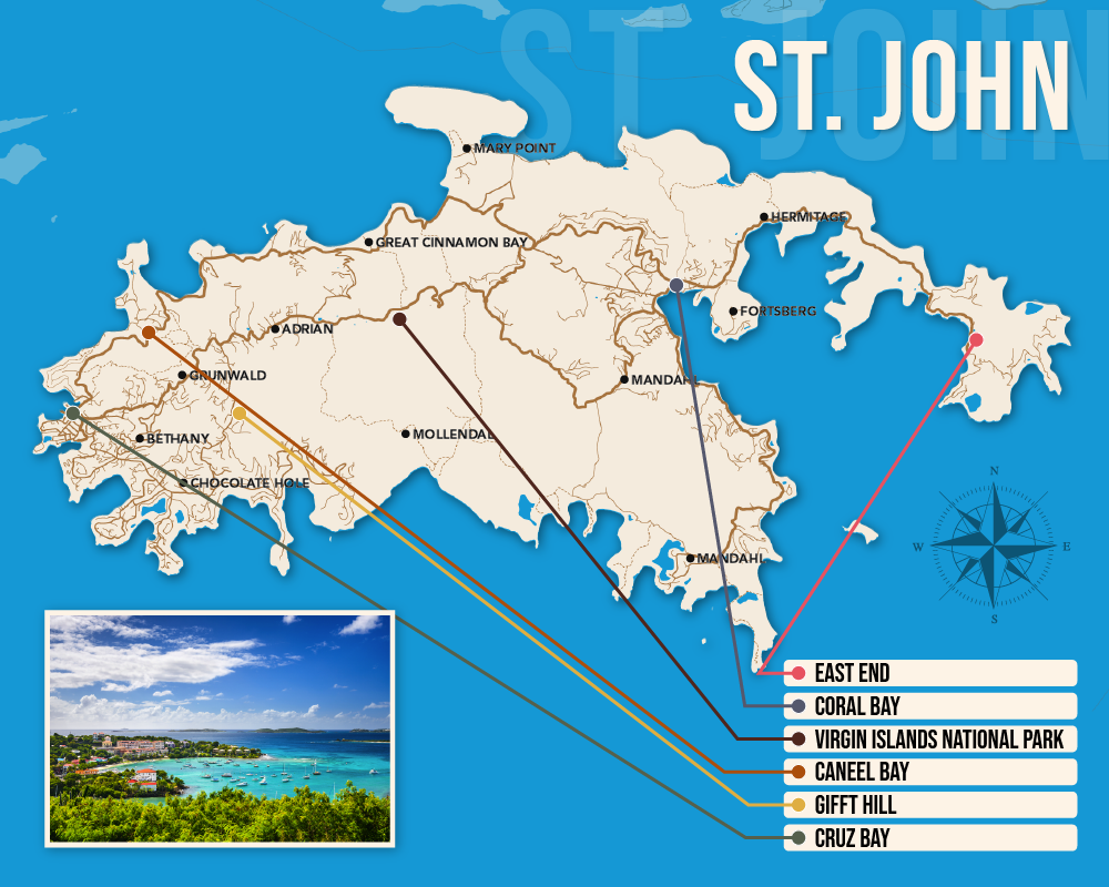 Vector map showing where to stay in St. John featuring the best areas in graphical format