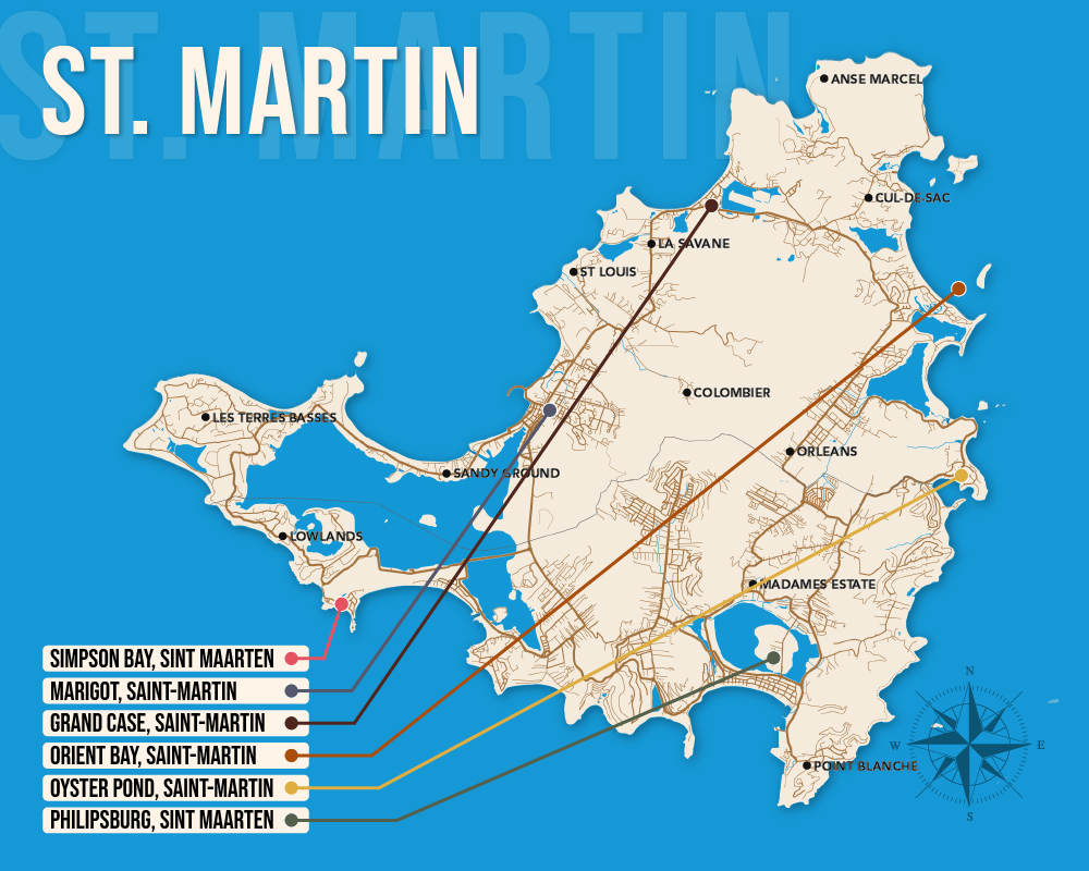 Vector map showing where to stay in St. Martin featuring the best areas in graphical format