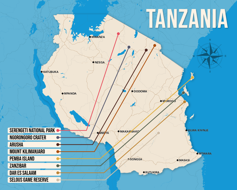 Vector map showing where to stay in Tanzania featuring the best areas in graphical format