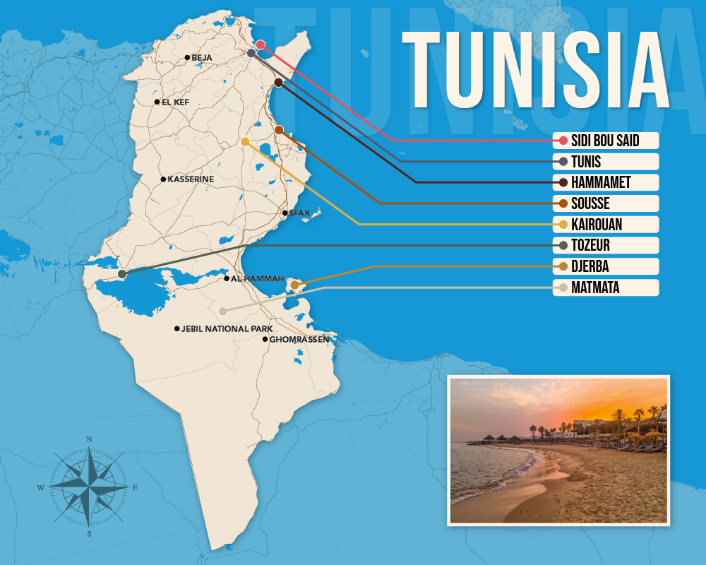 Vector map showing where to stay in Tunisia featuring the best areas in graphical format