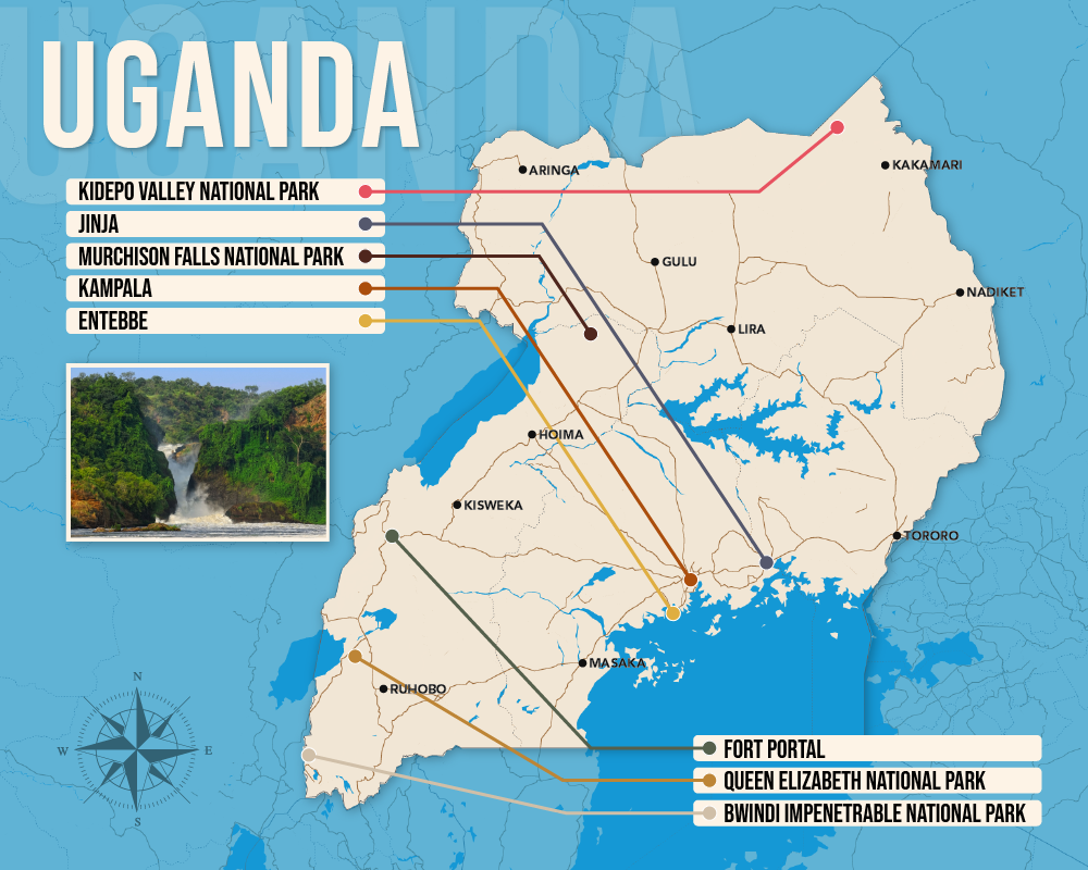 Vector map showing where to stay in Uganda featuring the best areas in graphical format