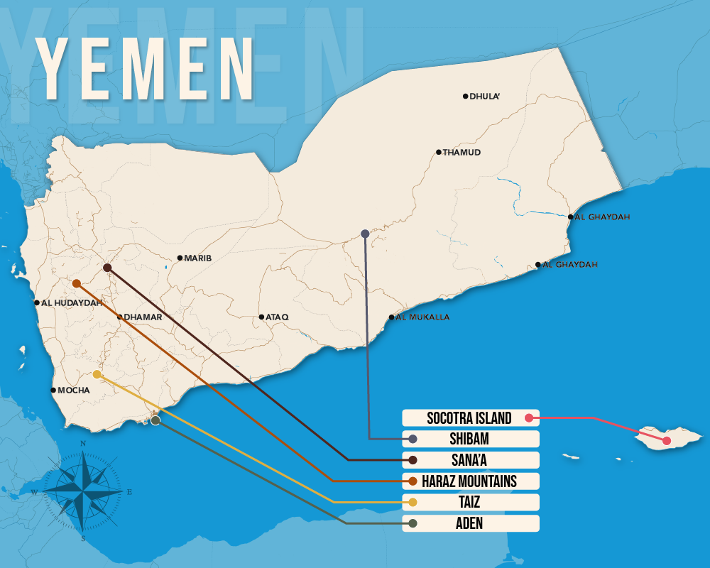 Vector map showing where to stay in Yemen featuring the best areas in graphical format