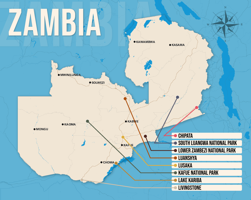 Vector map showing where to stay in Zambia featuring the best areas in graphical format