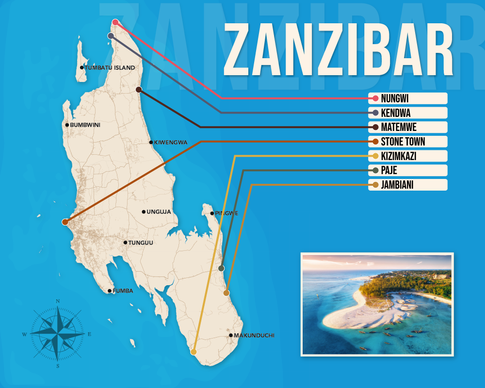 Vector map showing where to stay in Zanzibar featuring the best areas in graphical format
