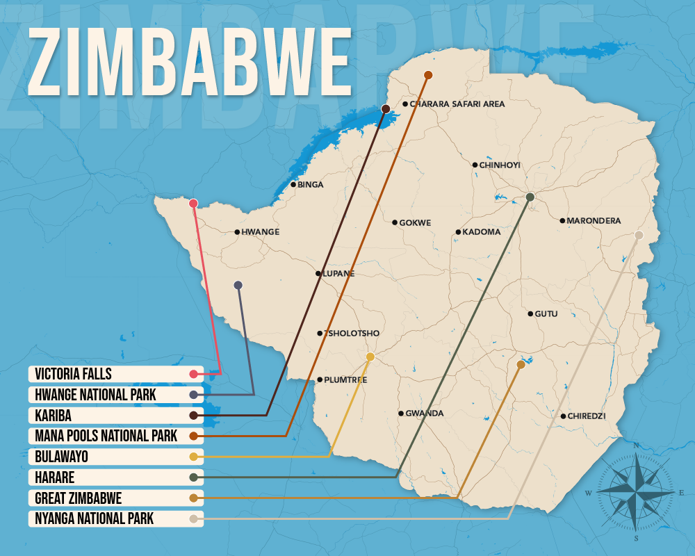 Vector map showing where to stay in Zimbabwe featuring the best areas in graphical format