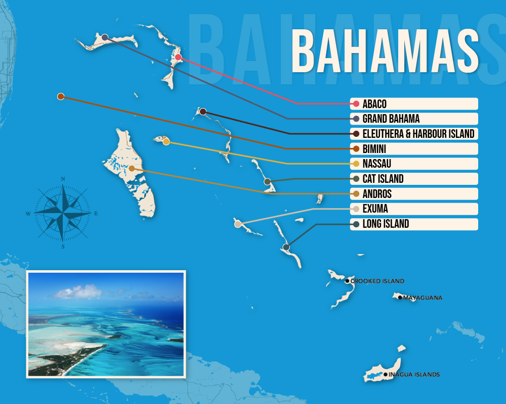 Vector map showing where to stay in the Bahamas featuring the best areas in graphical format