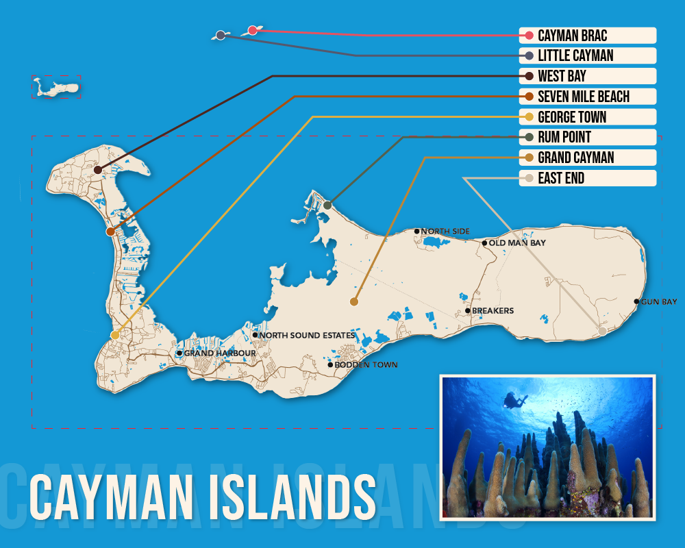 Vector map showing where to stay in the Cayman Islands featuring the best areas in graphical format