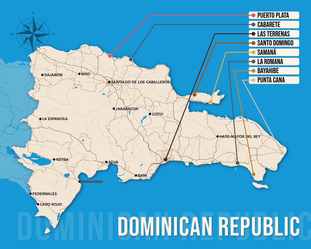 Vector map showing where to stay in the Dominican Republic featuring the best areas in graphical format