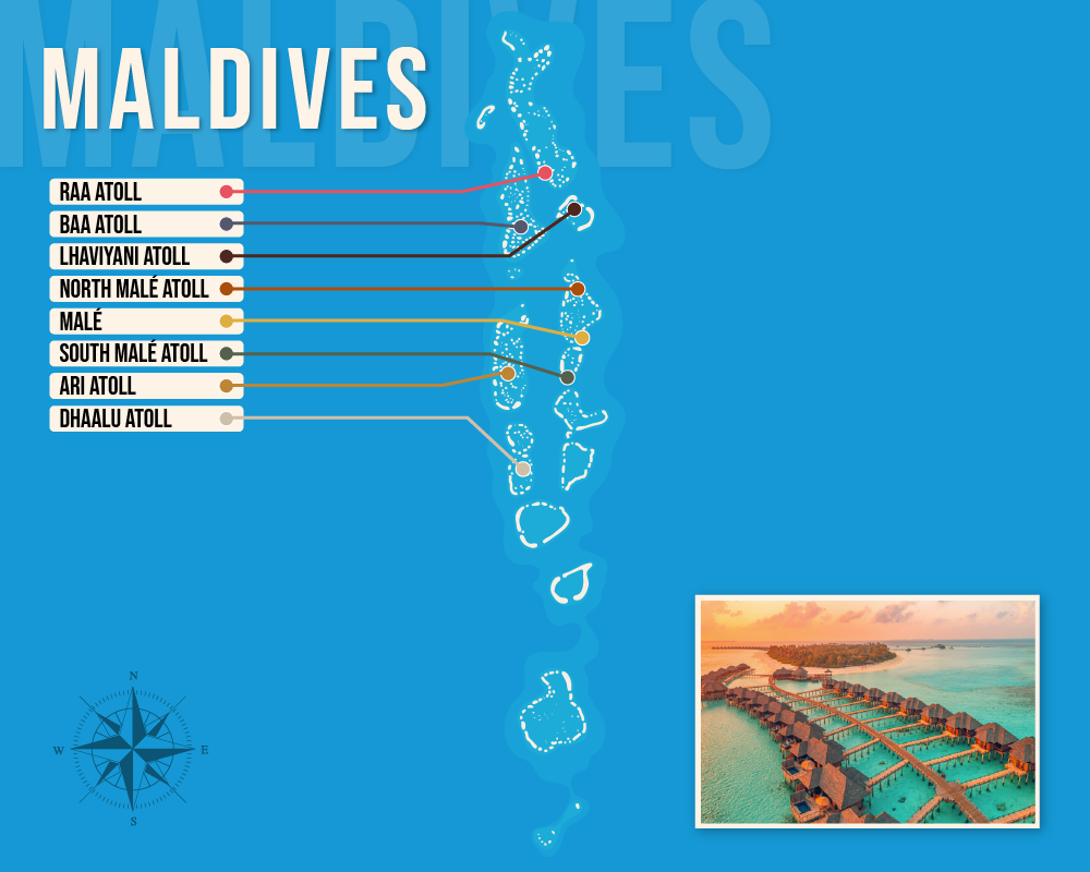 Vector map showing where to stay in the Maldives featuring the best areas in graphical format