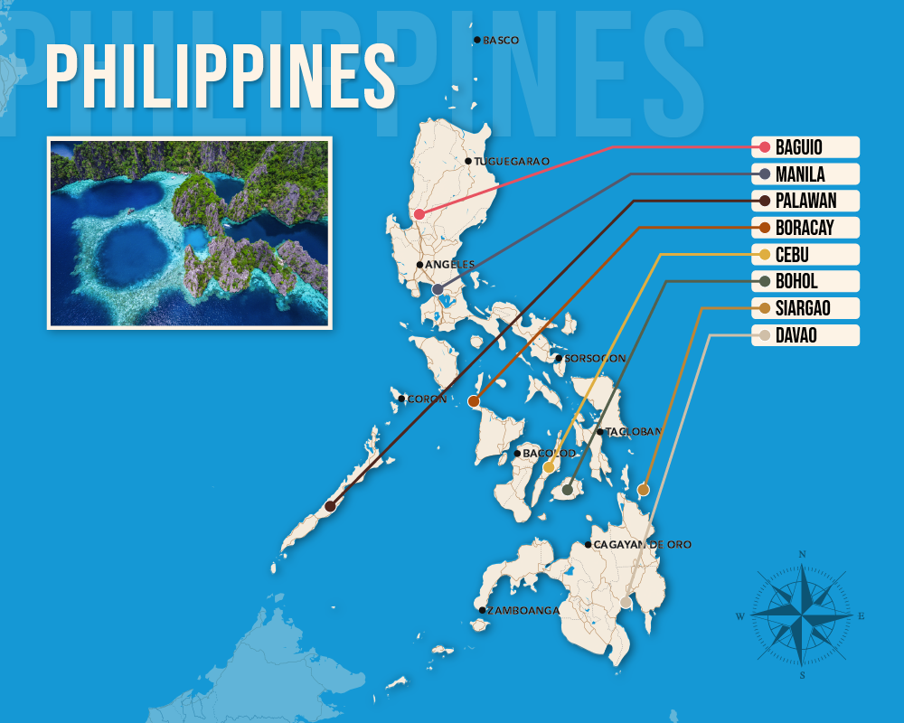 Vector map showing where to stay in the Philippines featuring the best areas in graphical format