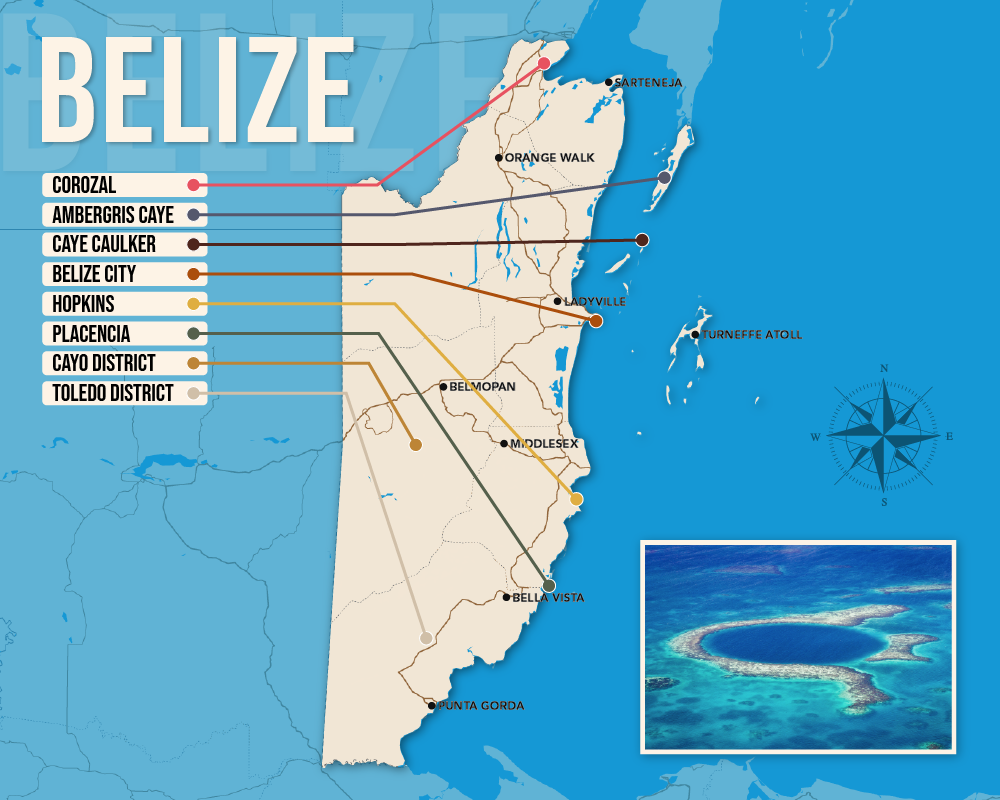 Vector map showing where to stay in Belize featuring the best areas in graphical format