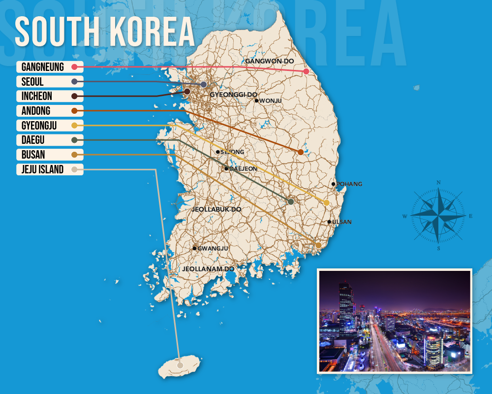 Vector map showing where to stay in South Korea featuring the best areas in graphical format