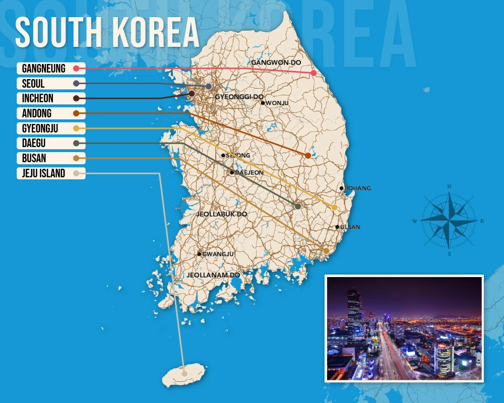 Vector map showing where to stay in South Korea featuring the best areas in graphical format