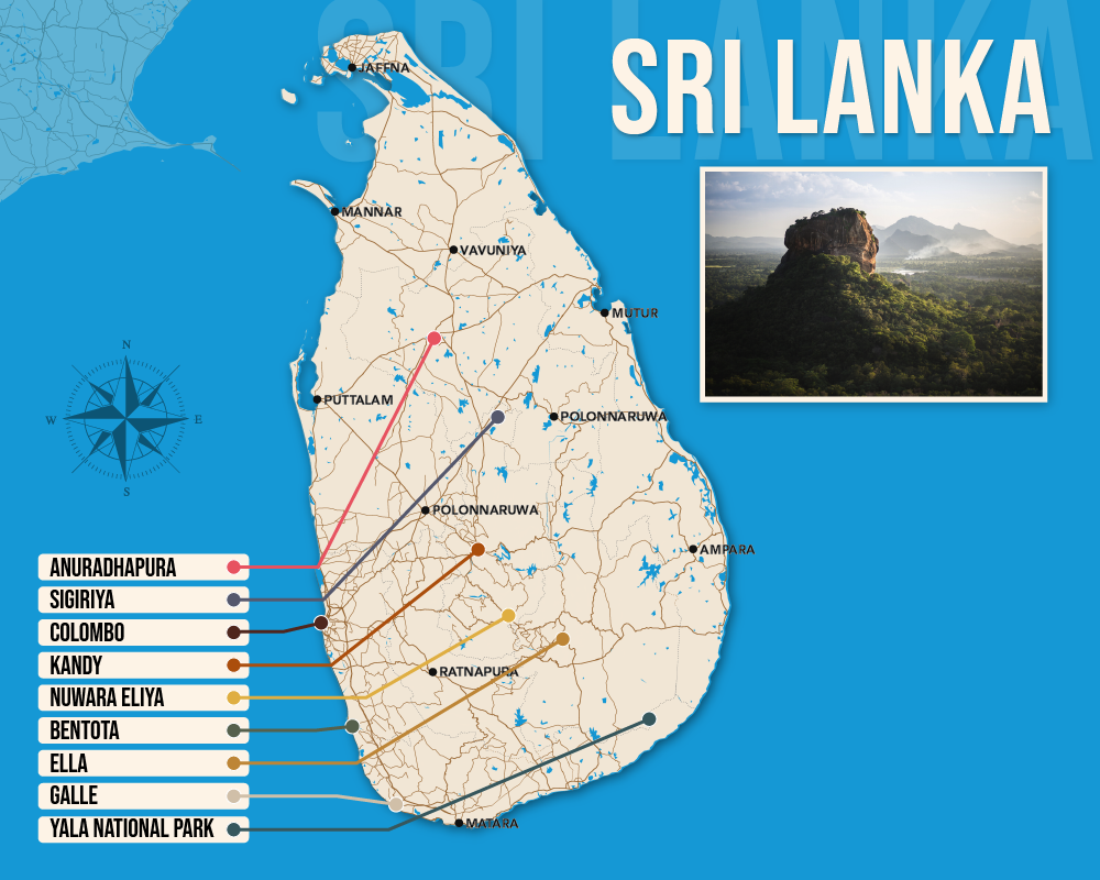 Vector map showing where to stay in Sri Lanka featuring the best areas in graphical format