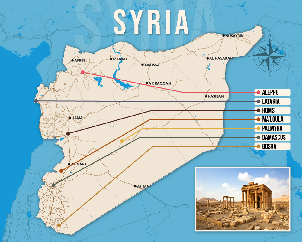 Vector map showing where to stay in Syria featuring the best areas in graphical format