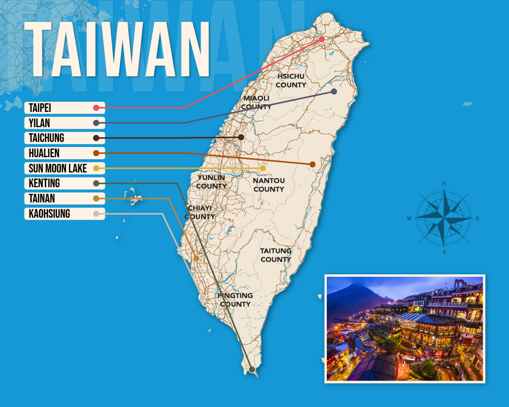 Vector map showing where to stay in Taiwan featuring the best areas in graphical format