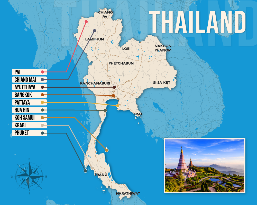 Vector map showing where to stay in Thailand featuring the best areas in graphical format