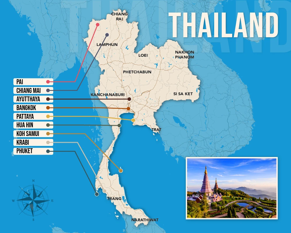 Vector map showing where to stay in Thailand featuring the best areas in graphical format