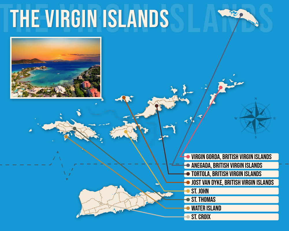 Vector map showing where to stay in the Virgin Islands featuring the best areas in graphical format