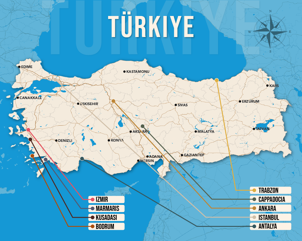 Vector map showing where to stay in Turkey featuring the best areas in graphical format