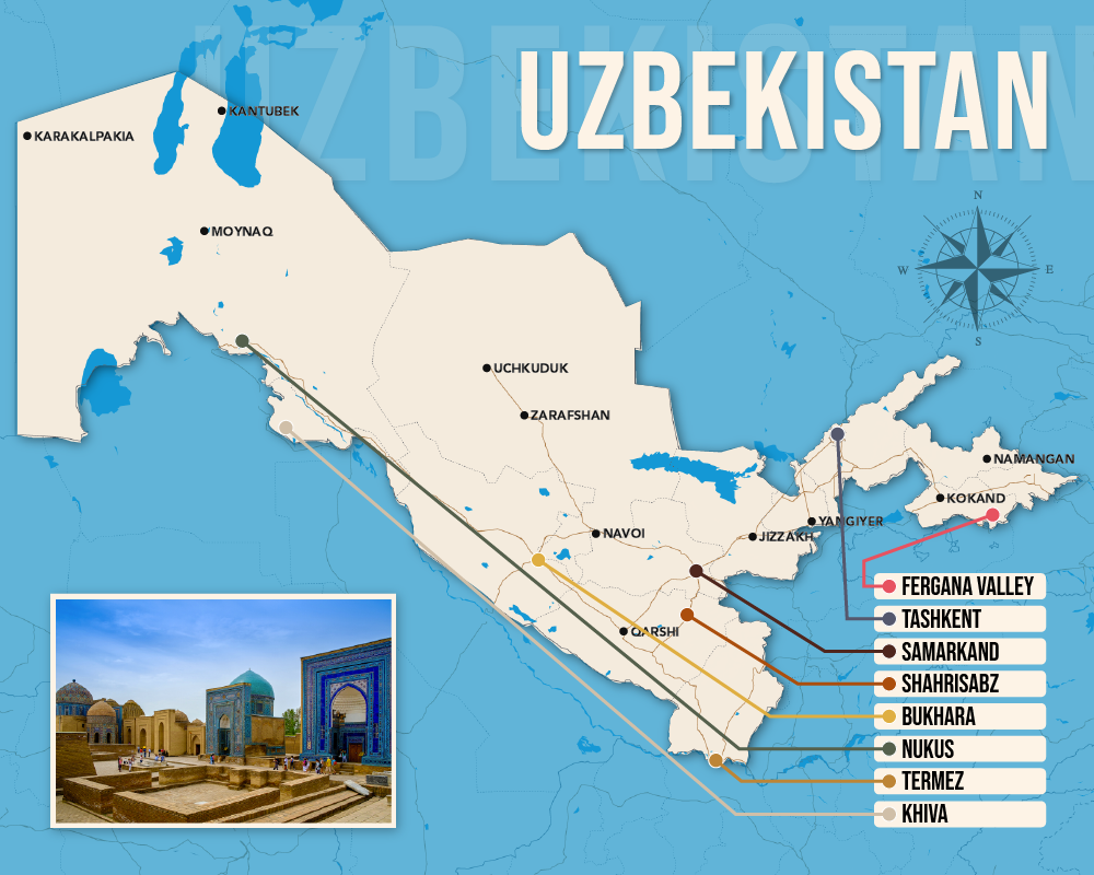Vector map showing where to stay in Uzbekistan featuring the best areas in graphical format