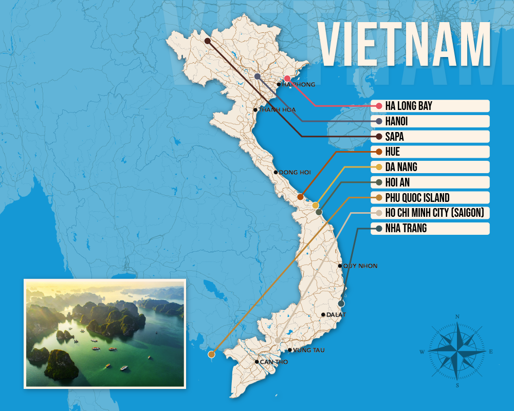 Vector map showing where to stay in Vietnam featuring the best areas in graphical format