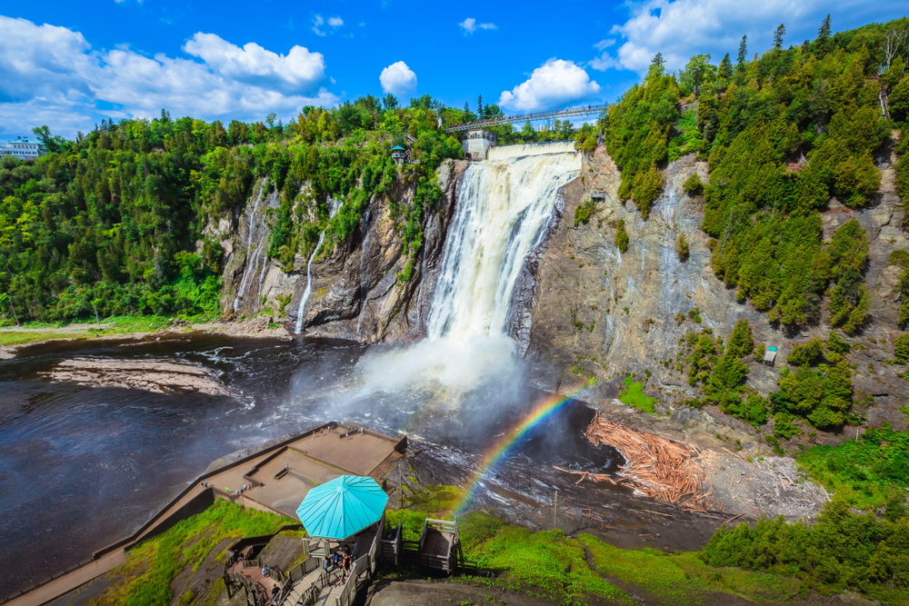 Aerial view of gorgeous Montmorency Falls in Quebec City, seen during the summer, one of the best times to visit