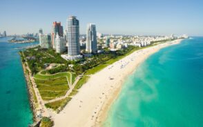 Aerial view of South Beach and South Pointe Park and Pier during the best time to visit Miami with smaller crowds and perfect weather