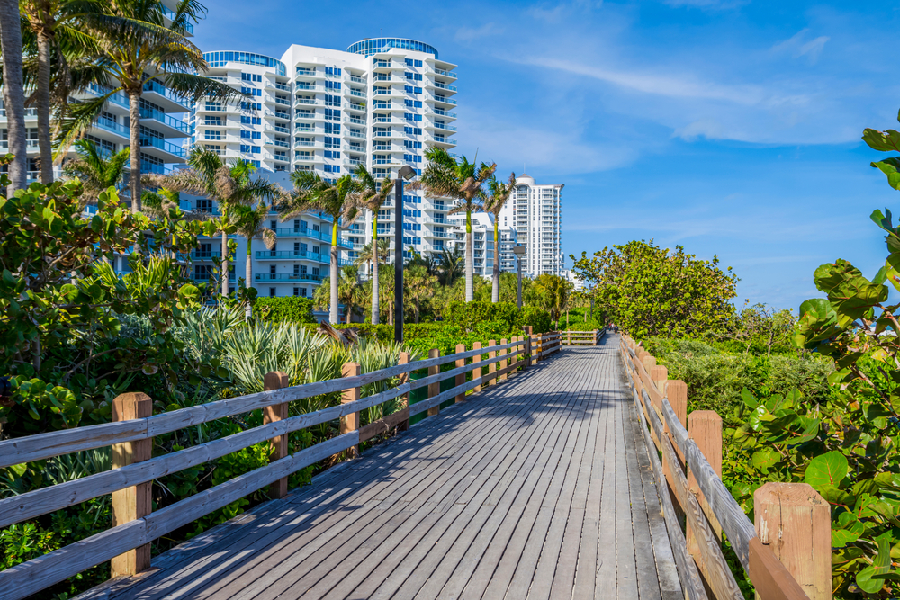A view of the empty Miami Beach Boardwalk with high rise hotels and greenery around it on a clear, sunny day during the least busy time to visit Miami 