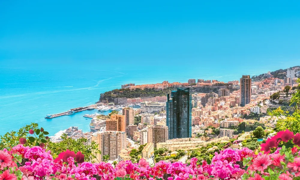 Aerial view of Monaco looking toward the coast with bright pink flowers in the foreground showing the best time to visit Monaca when the weather is warm and dry