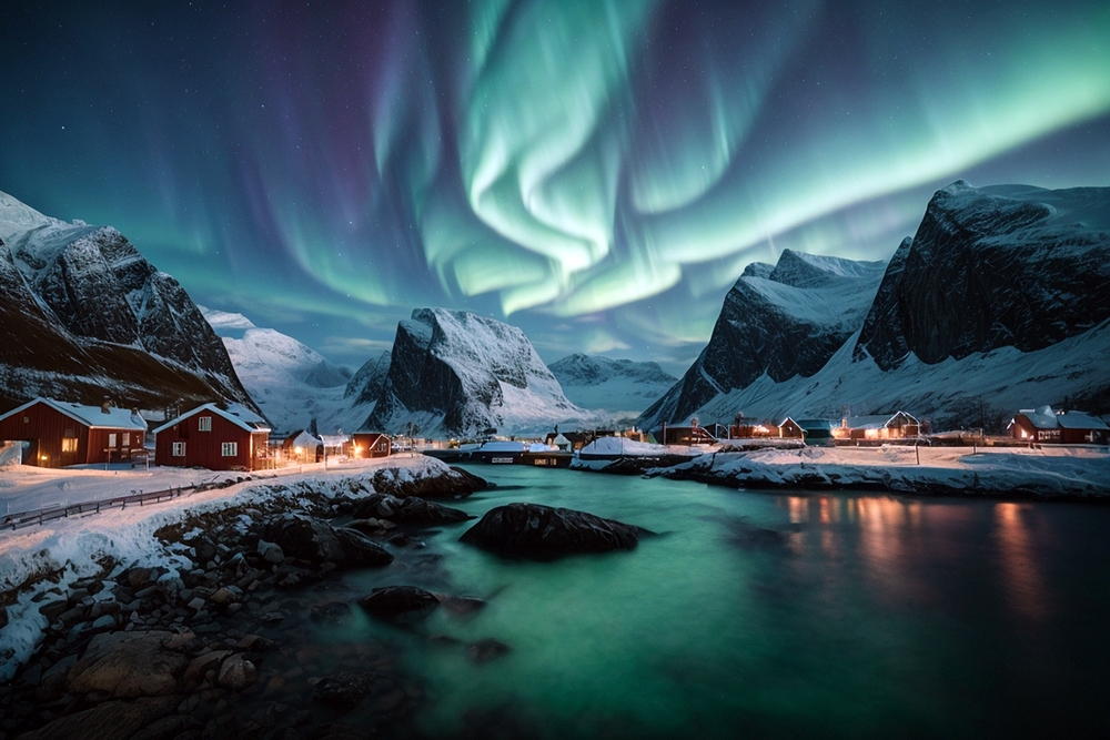 View of the dazzling Northern Lights over Hamnoy, Norway in the north for a frequently asked questions section explaining the best time of year to visit Norway